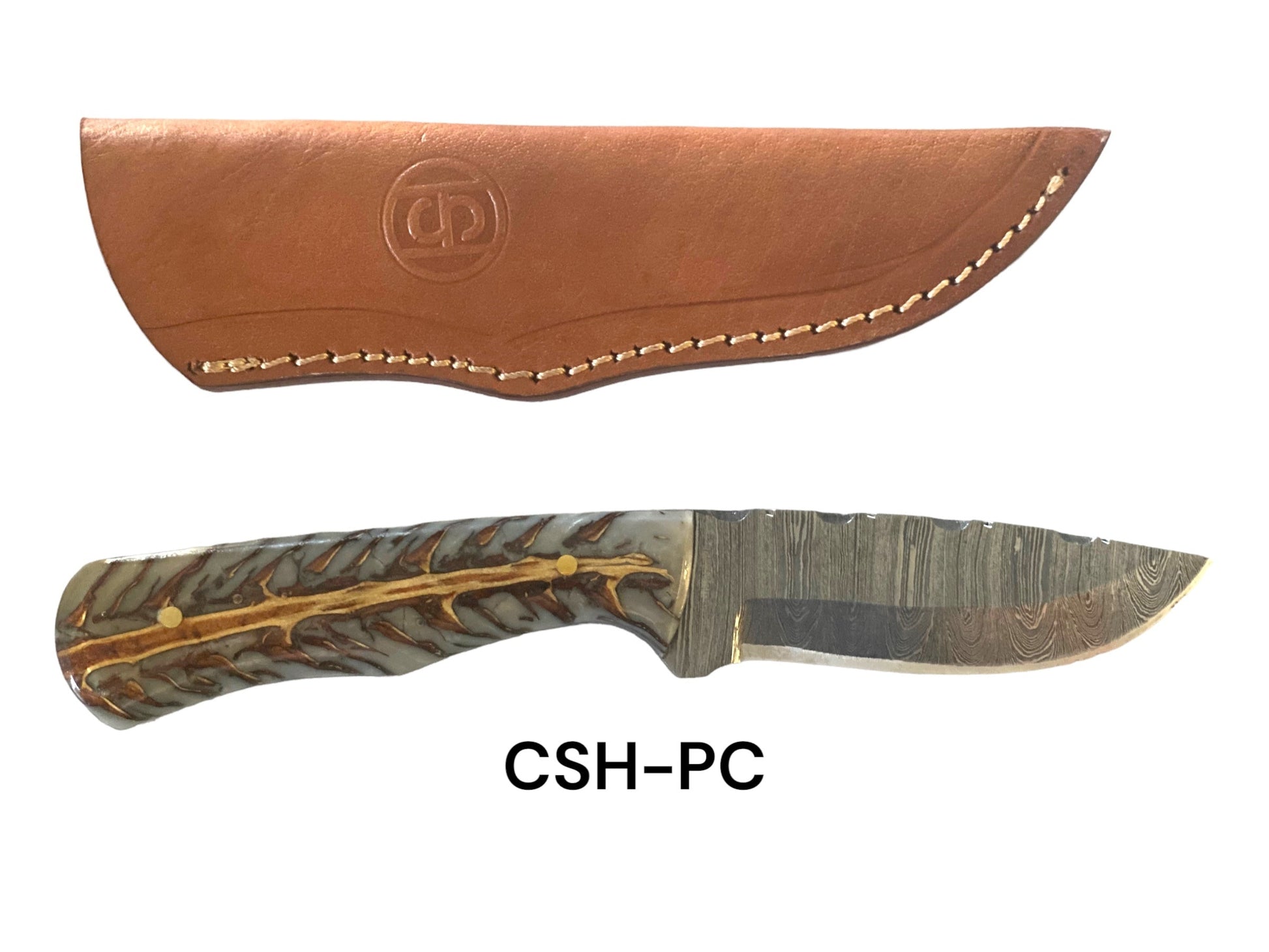 Knife with decorative blade and leather sheath on a white background
