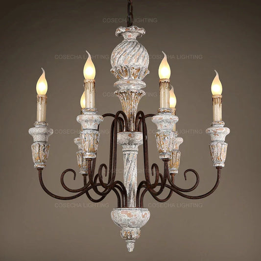 DecorBites™ Antique White Wooden Chandelier Elegant French Rustic Lighting