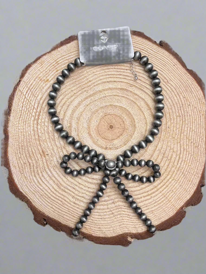 Faux Bow Necklace with Large Faux Pearls - 16 inch