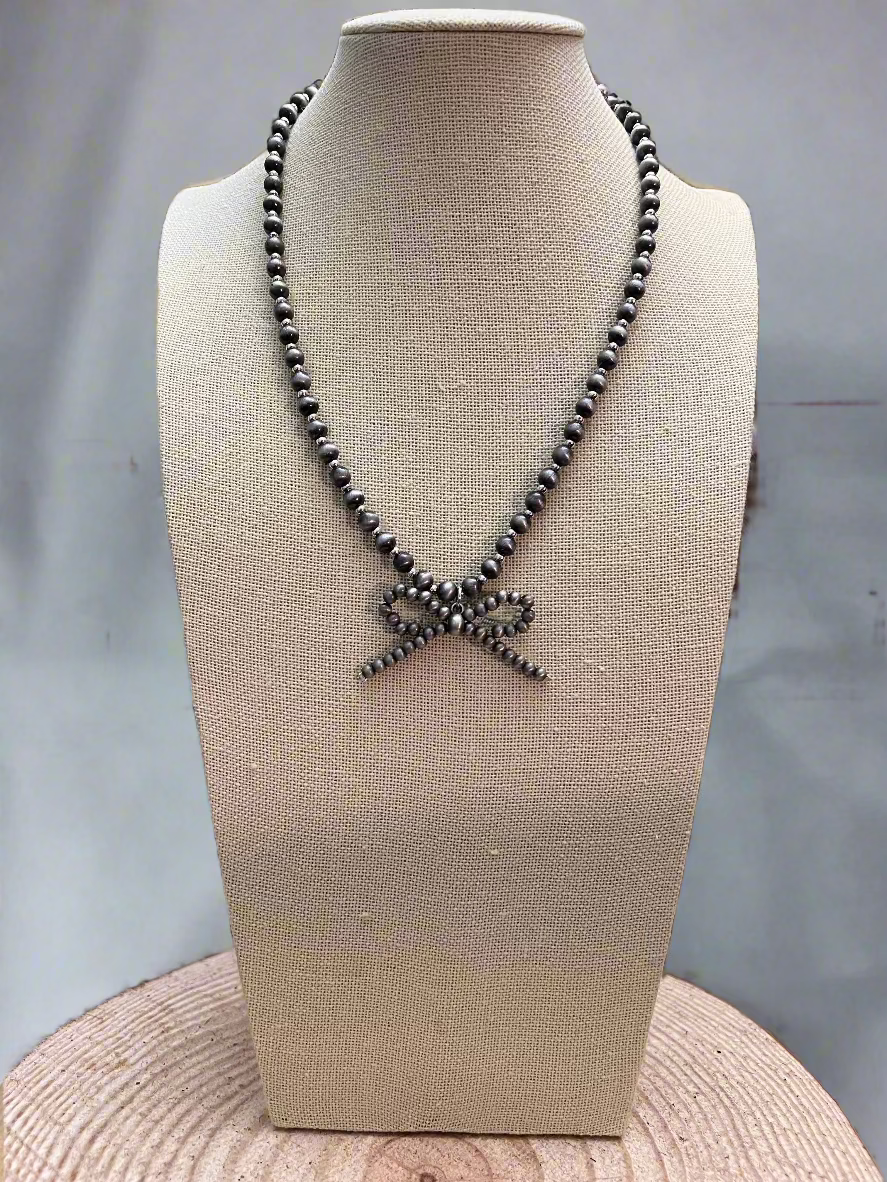 Faux Bow Necklace with Faux 5mm Pearls - 18 inch