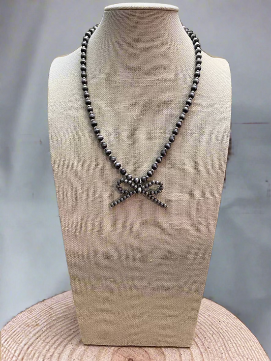 Faux Bow Necklace with Faux 5mm Pearls - 18 inch