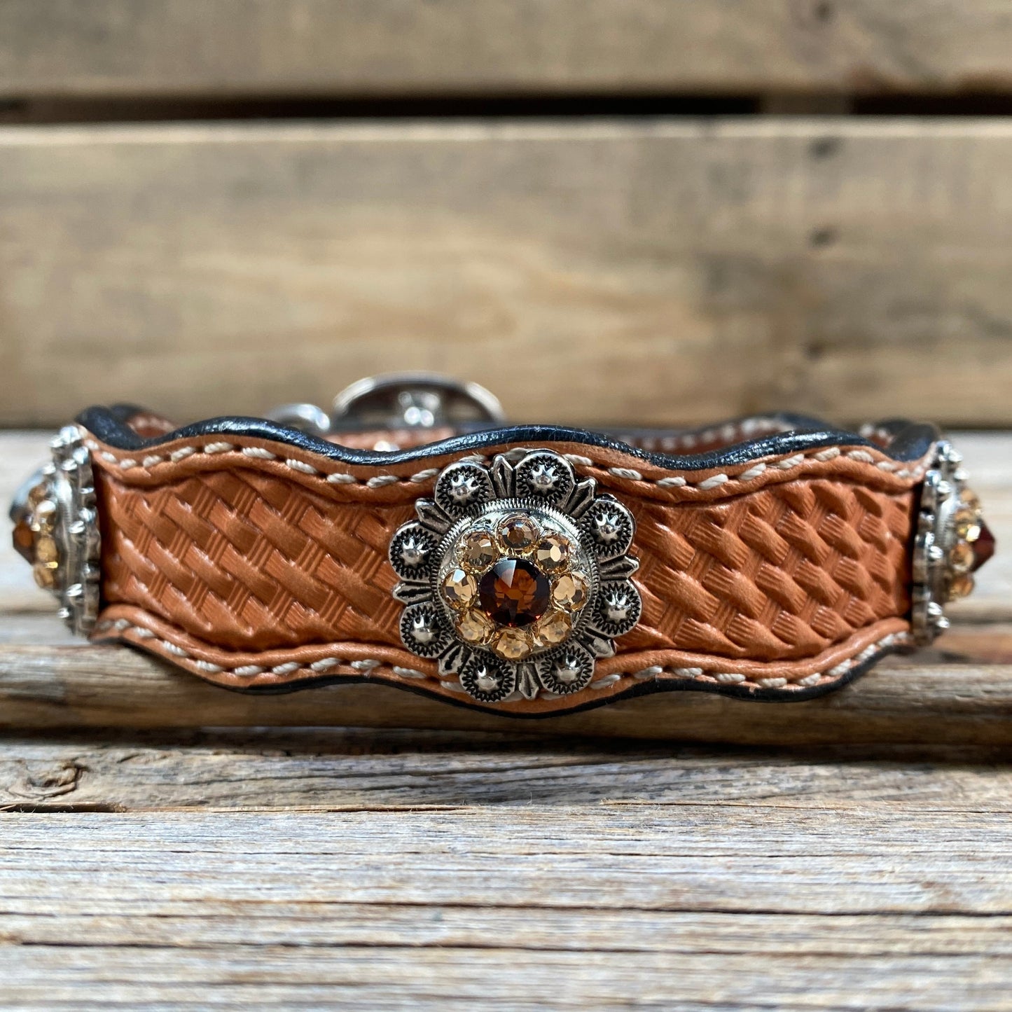 Leather Dog Collar With Antique Silver Topaz and Champagne Conchos 10" to 22" -DC12