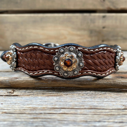 Leather Dog Collar With Antique Silver Topaz and Champagne Conchos 10" to 22" -DC12