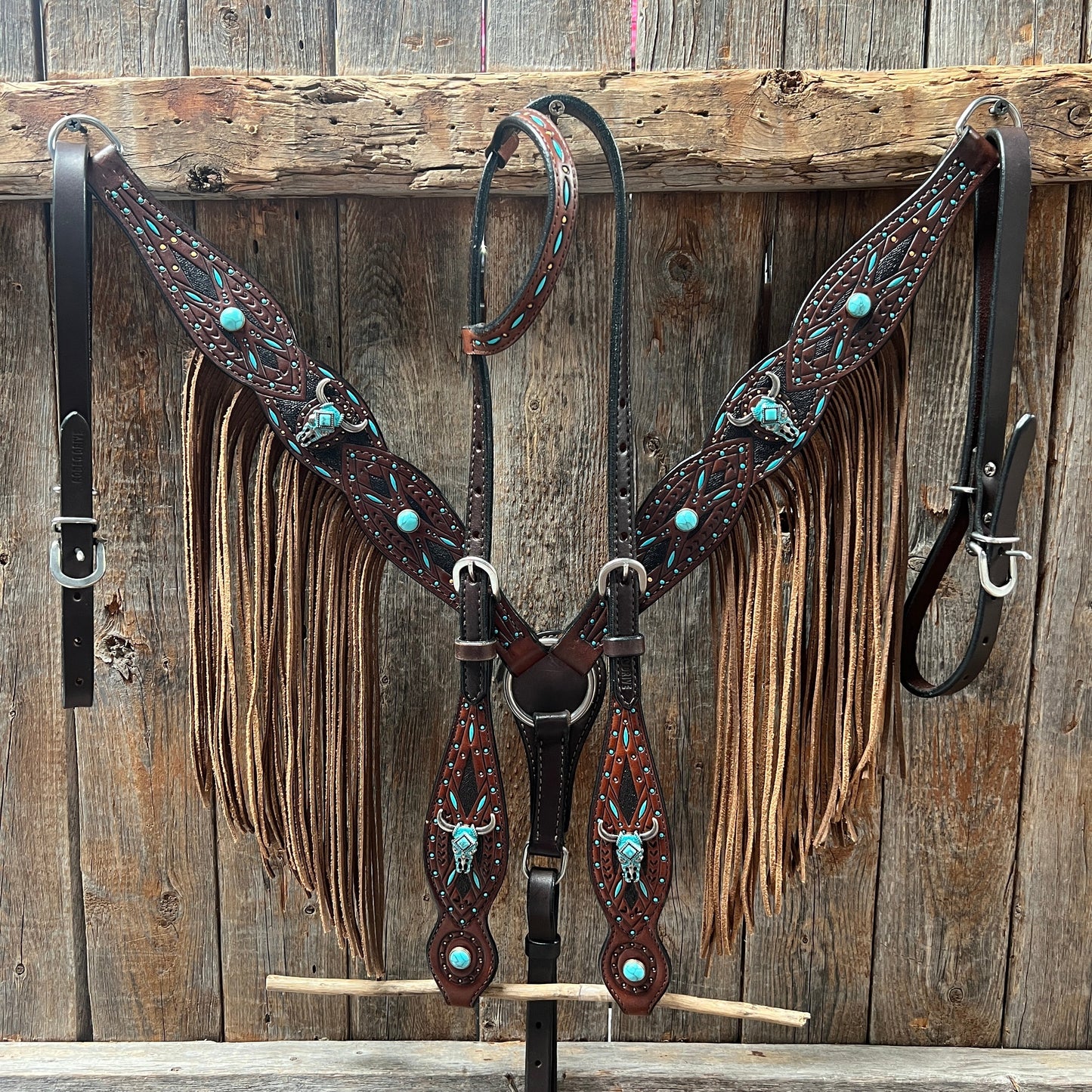 Dark Oil Hand Painted Turquoise Steer Head Browband/One Ear and Breastcollar Tack Set #BBBC624NW