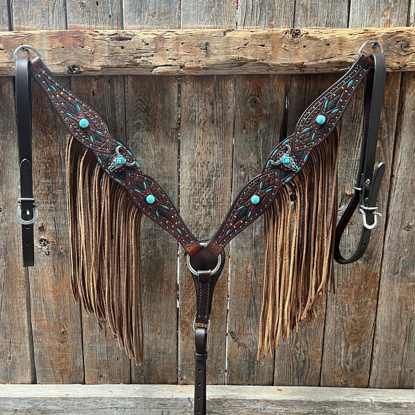 Dark Oil Hand Painted Turquoise Steer Head Browband/One Ear and Breastcollar Tack Set #BBBC624