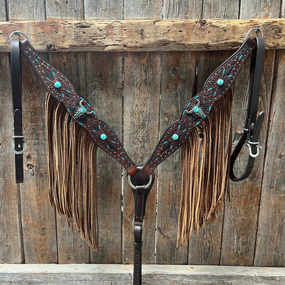 Dark Oil Hand Painted Turquoise Steer Head Browband/One Ear and Breastcollar Tack Set #BBBC624