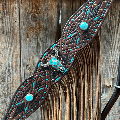 Dark Oil Hand Painted Turquoise Steer Head Browband/One Ear and Breastcollar Tack Set #BBBC624