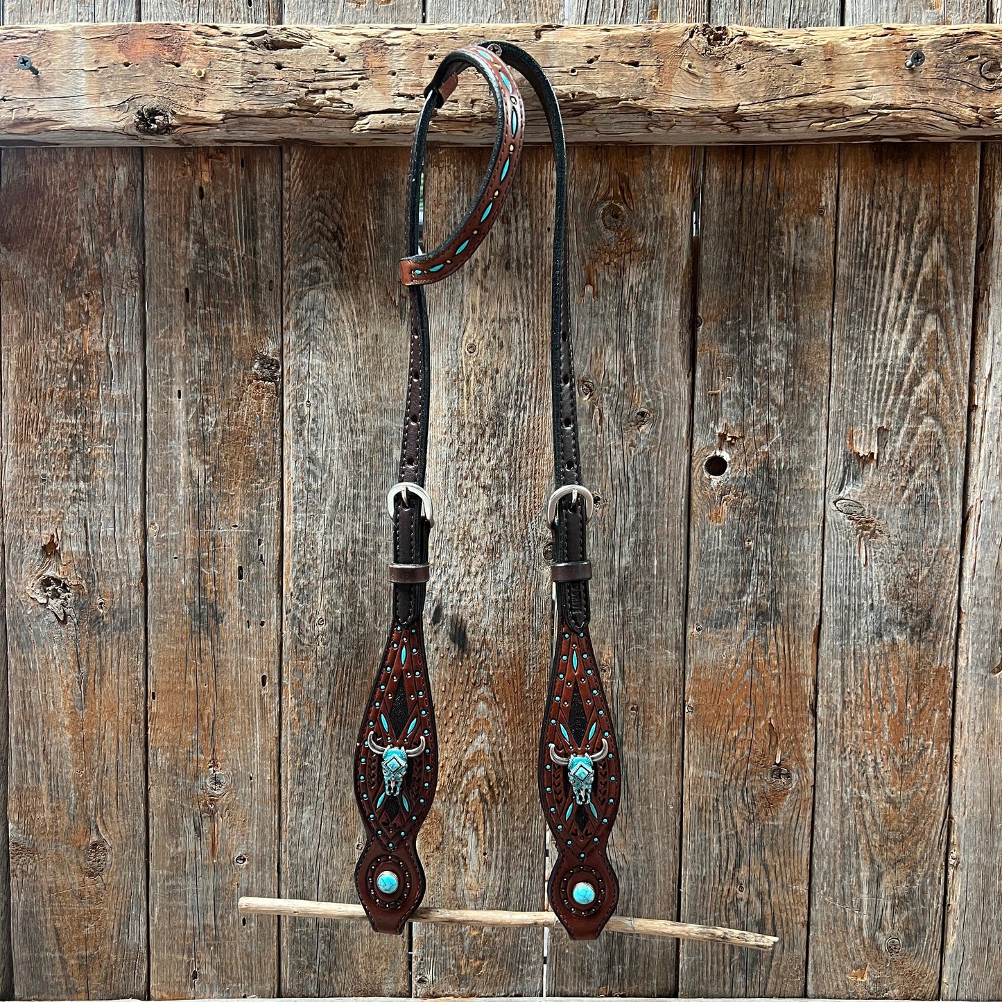 Dark Oil Hand Painted Turquoise Steer Head Browband/One Ear and Breastcollar Tack Set #BBBC624