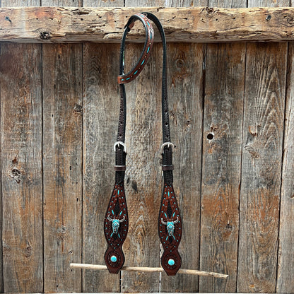 Dark Oil Hand Painted Turquoise Steer Head Browband/One Ear and Breastcollar Tack Set #BBBC624