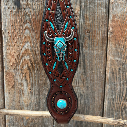 Dark Oil Hand Painted Turquoise Steer Head Browband/One Ear and Breastcollar Tack Set #BBBC624