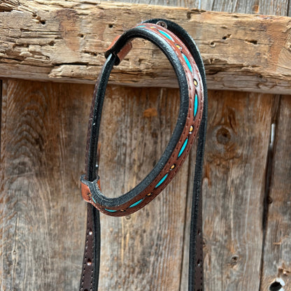 Dark Oil Hand Painted Turquoise Steer Head Browband/One Ear and Breastcollar Tack Set #BBBC624