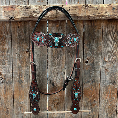 Dark Oil Hand Painted Turquoise Steer Head Browband/One Ear and Breastcollar Tack Set #BBBC624NW