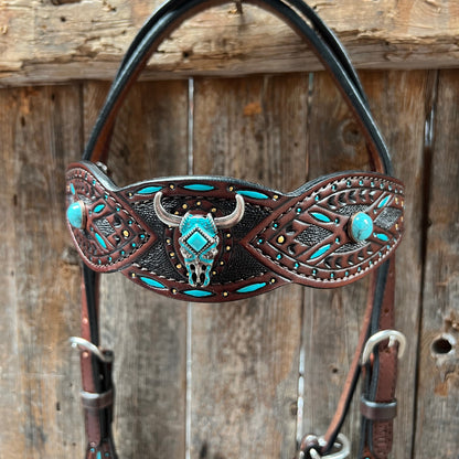 Dark Oil Hand Painted Turquoise Steer Head Browband/One Ear and Breastcollar Tack Set #BBBC624