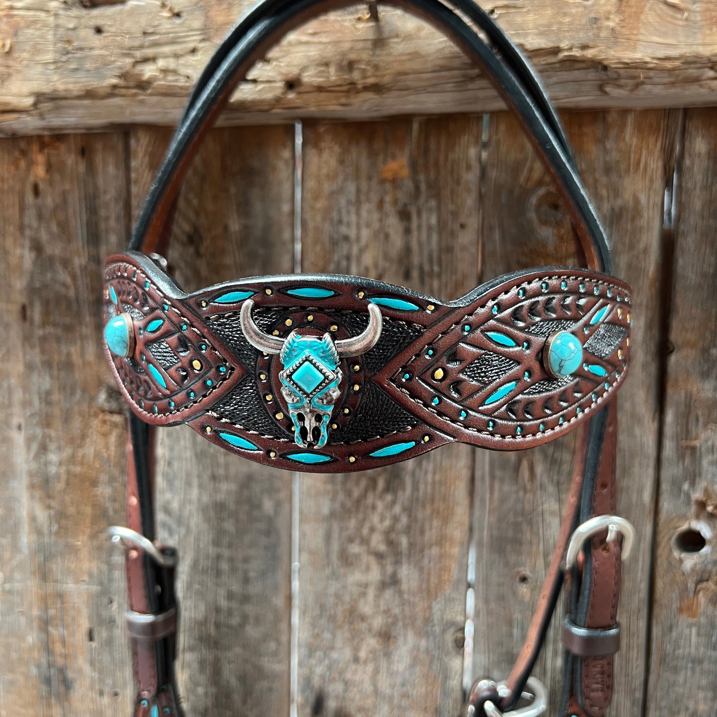 Dark Oil Hand Painted Turquoise Steer Head Browband/One Ear and Breastcollar Tack Set #BBBC624NW