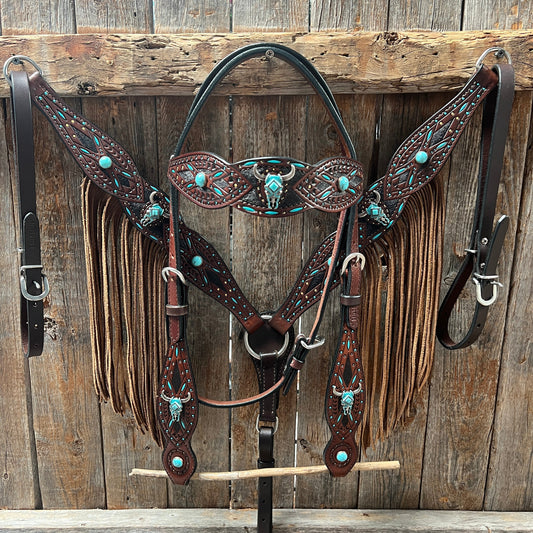 Dark Oil Hand Painted Turquoise Steer Head Browband/One Ear and Breastcollar Tack Set #BBBC624NW