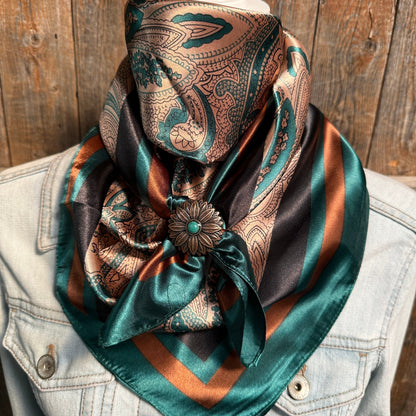 35X35" Emerald and Tan Paisley Wild Rag / Scarf -W132L Slide WRC1004B