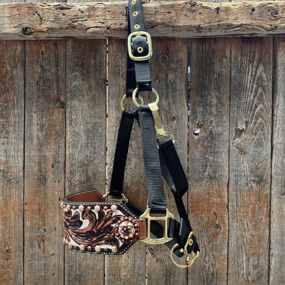Black Nylon Horse Halter – Bronc Noseband with Crystal Conchos NH100