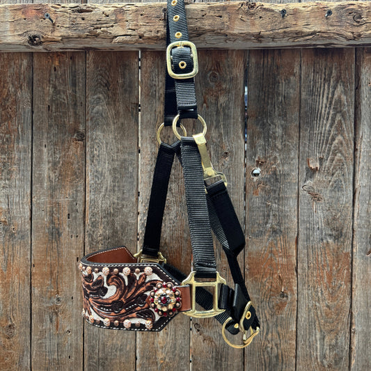 Black Nylon Horse Halter – Bronc Noseband with Crystal Conchos NH100