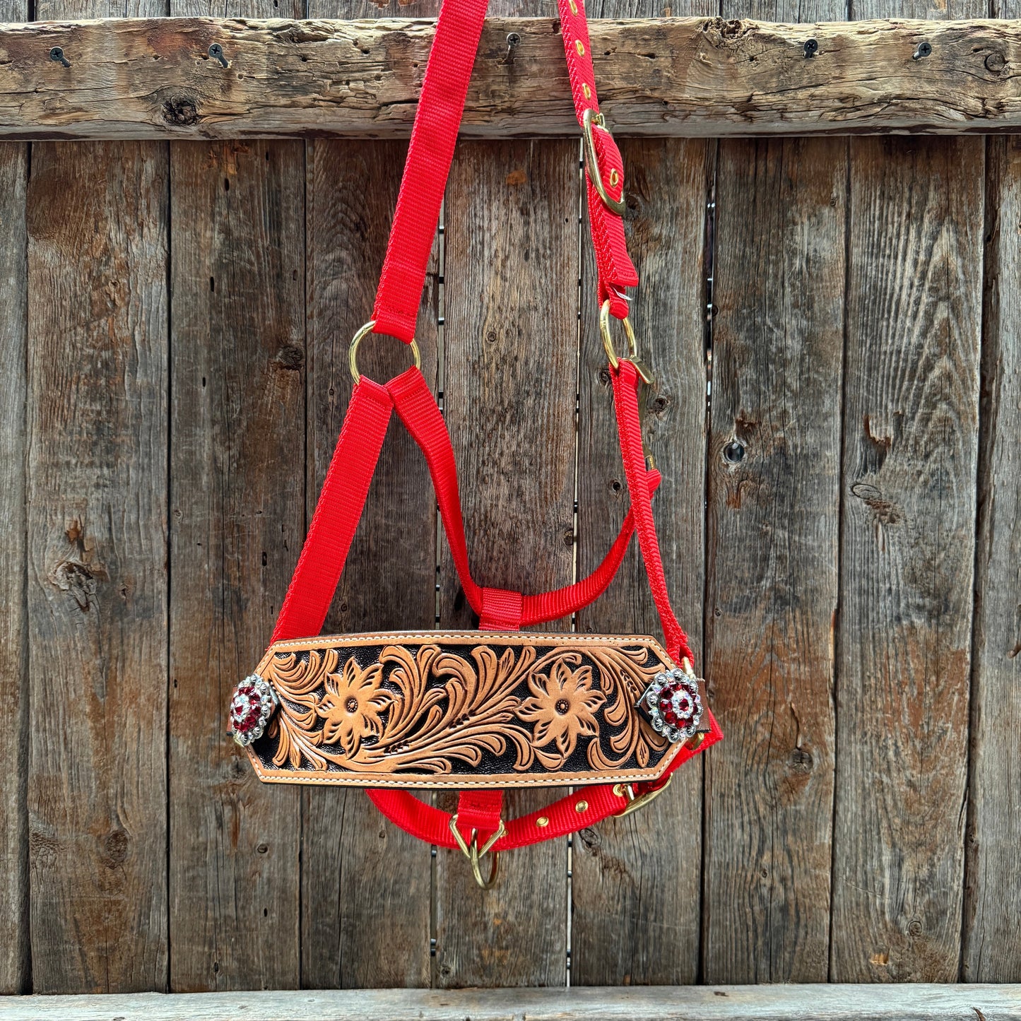 Red Nylon Horse Halter – Bronc Noseband with Crystal Conchos NH113