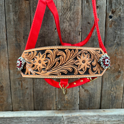 Red Nylon Horse Halter – Bronc Noseband with Crystal Conchos NH113