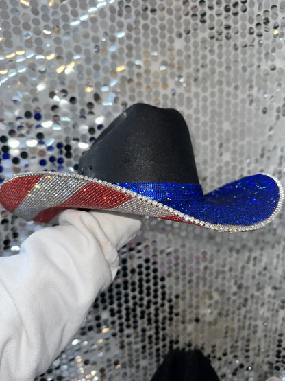 The "America" Hat in Black - Blue Rhinestones on Top