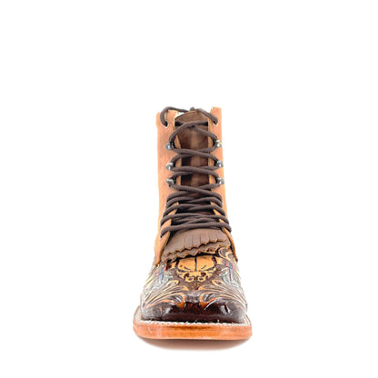 Women's Lace Up Handtooled Boots - Long Horn