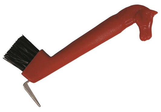HOOF PICK BRUSH, HORSE HEAD - RED