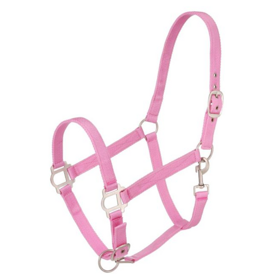 PINK - TOUGH1 NYLON HORSE HALTER WITH SATIN HARDWARE