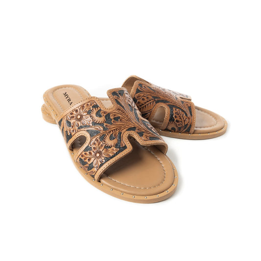 Myra Carmina Anne Dark Embossed Leather Slip-On Sandals for Women â€“ Western H-Cut Slides with Studded Trim