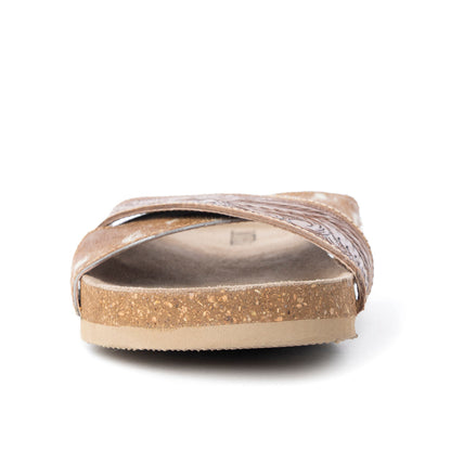 Myra Prairie Handtooled Leather Slide Sandals for Women â€“ Floral Western Design, Soft Cork Footbed for Comfort