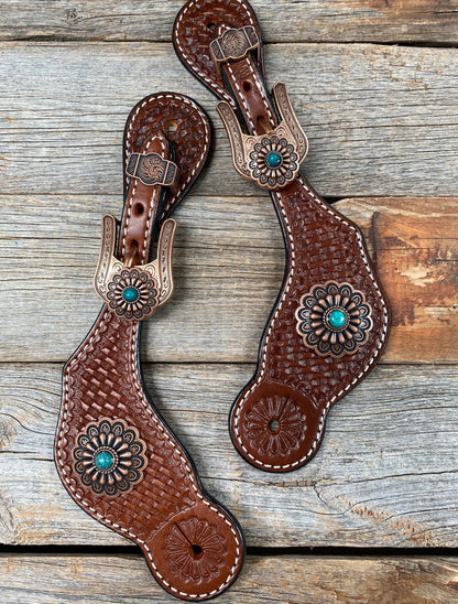 Medium Basketweave Spur Straps - Copper Flower Western Conchos #SS113