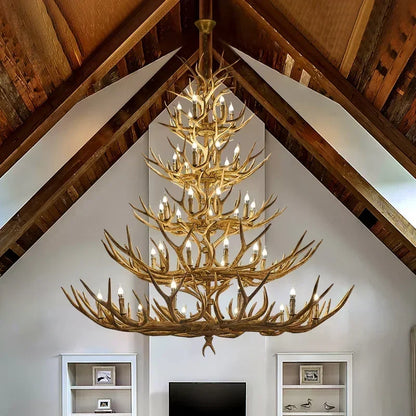 DecorBites™ Antler Deer Chandelier: Rustic Resin Hanging Lamp for Living Room & Loft