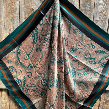 35X35" Emerald and Tan Paisley Wild Rag / Scarf -W132L Slide WRC1004B