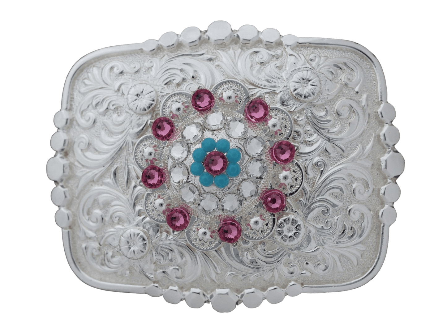 Bright Silver Belt Buckle With Pink, Turquoise & Clear Concho