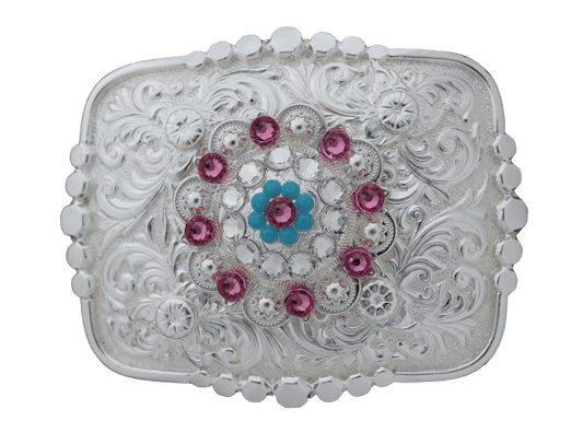 Bright Silver Belt Buckle With Pink, Turquoise & Clear Concho