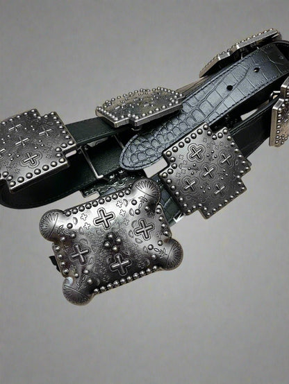 Black Gator Genuine Leather Western Belt — Cross Concho Detail