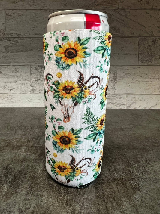 Boho Sunflower & Bullskull Print Slim Can Koozie