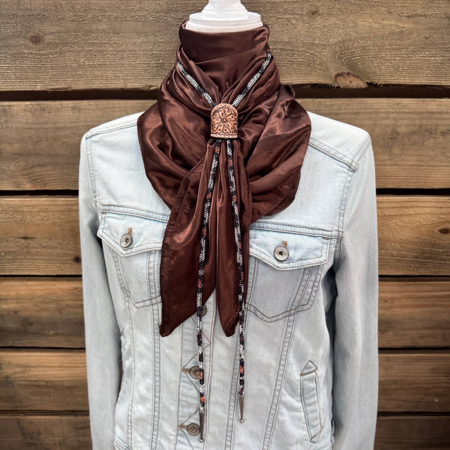 35X35" Solid Brown Wild Rag / Scarf - Leather Slide and Bolo Tie