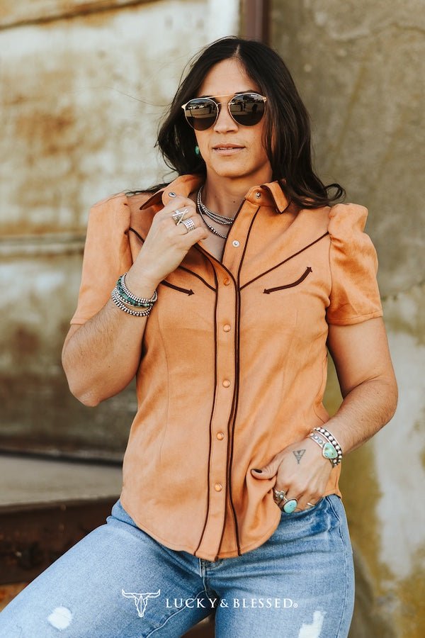 Camel Suede Western Pearl Snap Top – Puff Sleeve Cowgirl Shirt