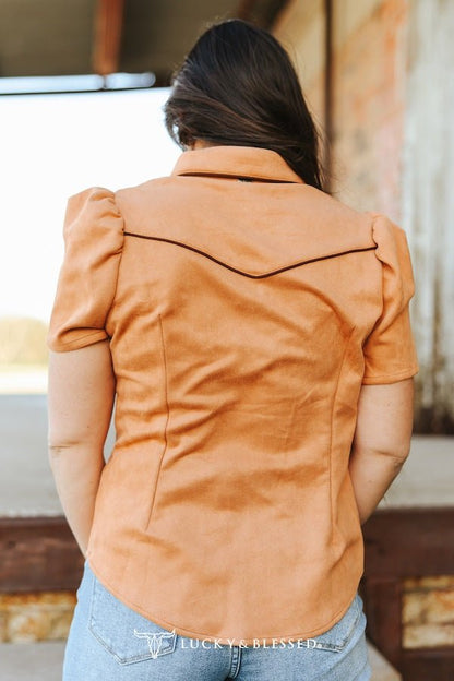 Camel Suede Western Pearl Snap Top – Puff Sleeve Cowgirl Shirt