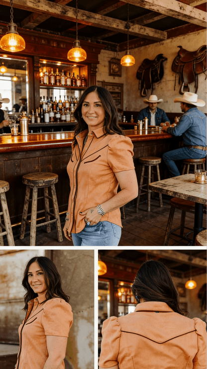 Camel Suede Western Pearl Snap Top – Puff Sleeve Cowgirl Shirt