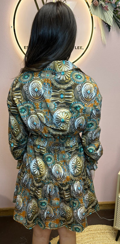 Concho Printed Collared Ruffle Button Down Dress