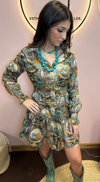 Concho Printed Collared Ruffle Button Down Dress