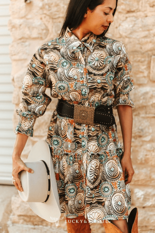 Concho Printed Collared Ruffle Button Down Dress