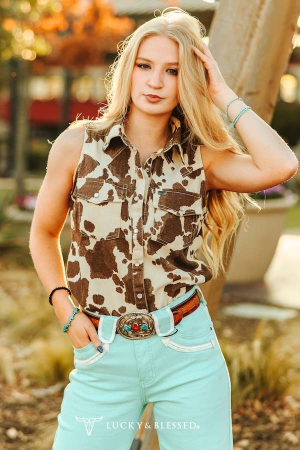 Cowhide Print Denim Button Down Pearl Snap Sleeveless Shirt