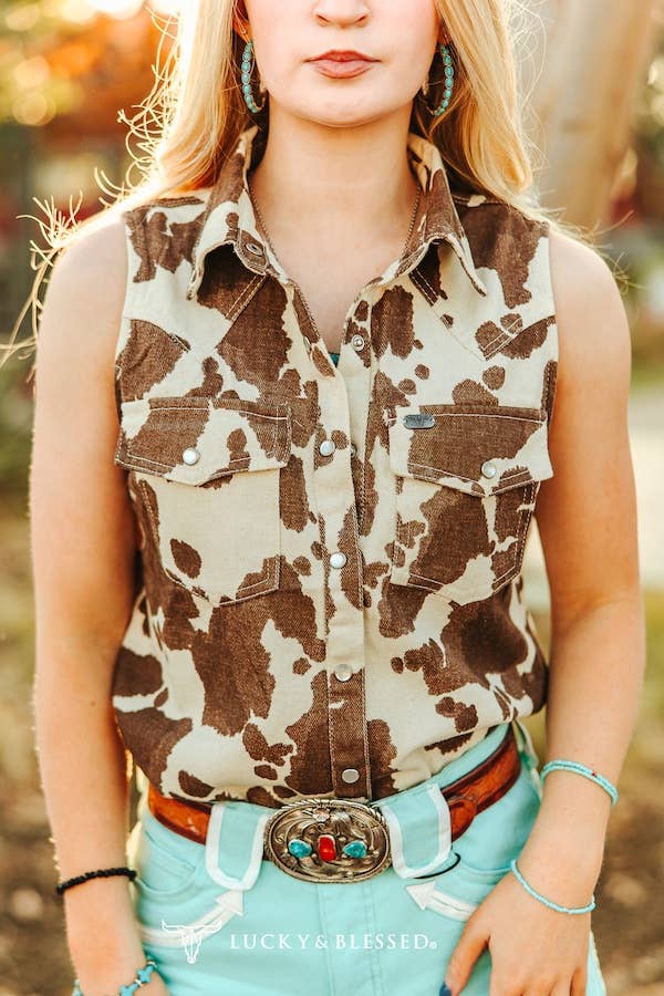 Cowhide Print Denim Button Down Pearl Snap Sleeveless Shirt