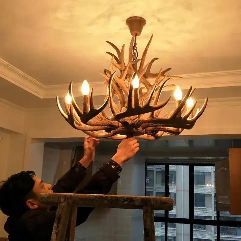 DecorBites™ Antler Chandelier: American Retro Resin Horn Deer Lamps for Rustic Indoor Decor