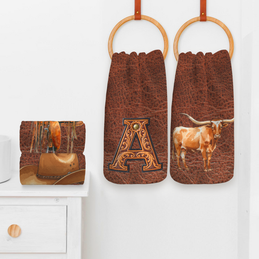 Monogrammed Initial Western Leather Look Saddle Longhorn Cowboy Cowgirl Kitchen Dish Towels Made in America