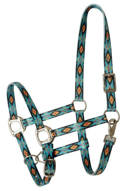 Showman® Premium Nylon Horse Sized Halter with turquoise southwest design.