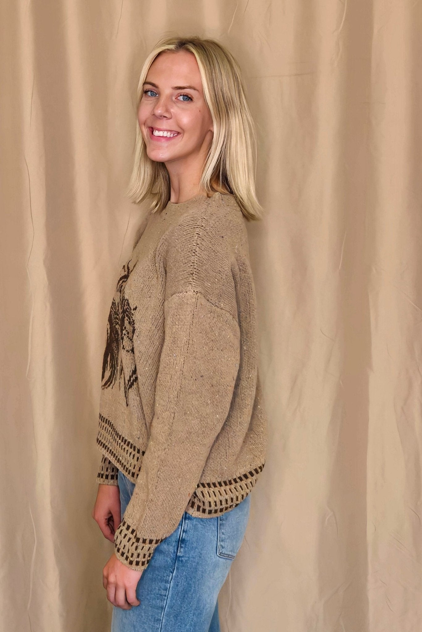 Horse Jacquard Long Long Sleeve Knit Sweater - charcoal medium remains
